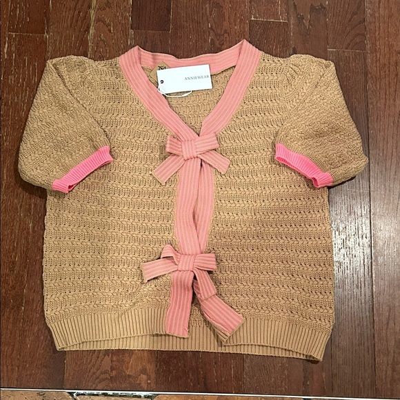 Anniewear Sweaters - Boutique Beige Cardigan with Pink Trim